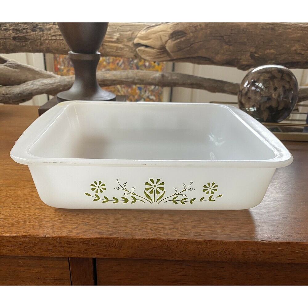 Glasbake Jeannette 8” Square Baking Dish Jeannette #J2428 Green Floral Daisy